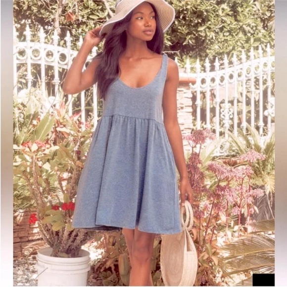 Lulu's Don’t Worry Baby Casual Washed Blue Tue Sleeve Mini Dress Size Small - Picture 1 of 8